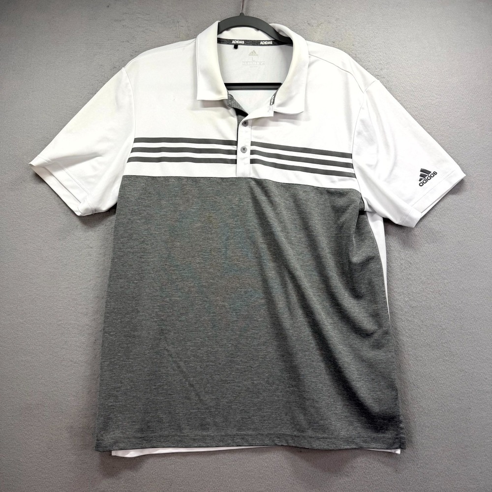 Adidas Golf Polo Shirt Mens Large White Gray 3-Stripes Performance Active Tech